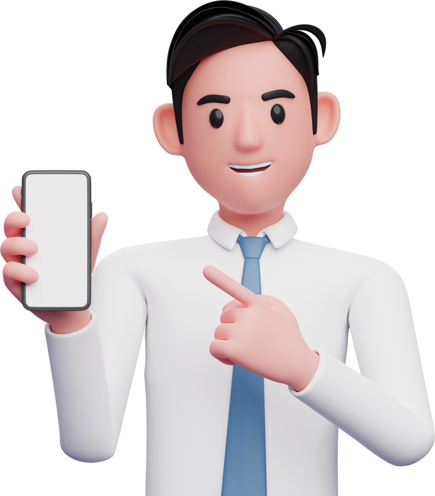 portrait of businessman in white shirt and blue tie pointing cell phone in hand, 3d illustration of businessman using phone
